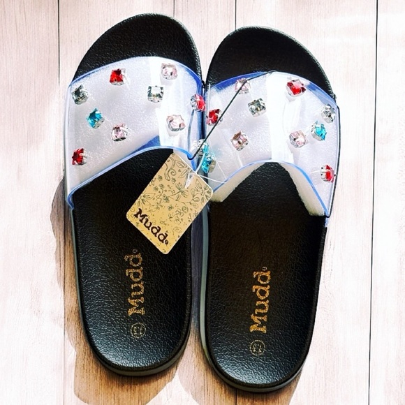 Women's Mudd Clear Rhinestone Embellished Pool Beach Slide Summer Sandal NWT - Picture 8 of 16